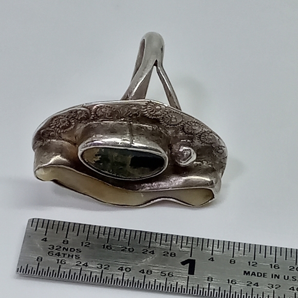 * vintage 925 ring signed KM Navajo green Royston Turquoise & White Coral sz 9 - Picture 2 of 8